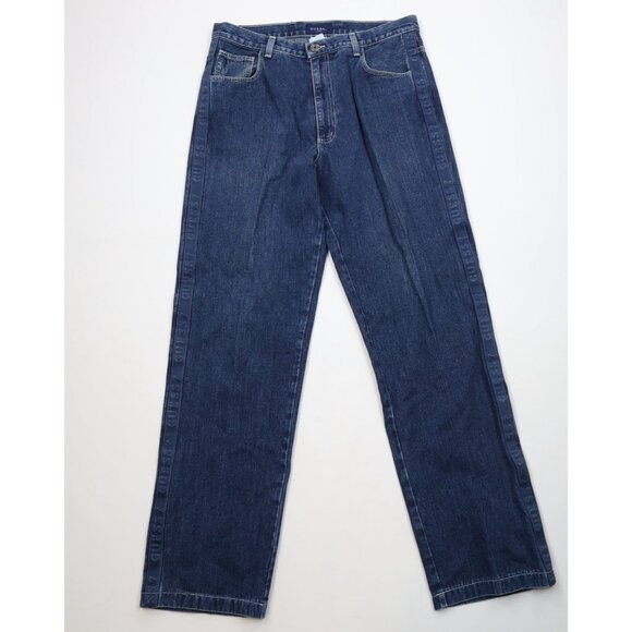 Vintage 90s Guess Mens 34x34 Faded Spell Out Taped Logo Wide Leg Denim Jeans USA